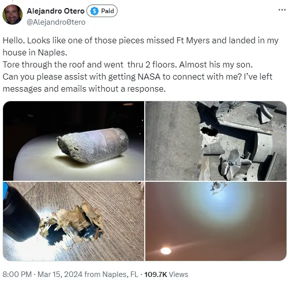 A Florida resident says that space debris crashed through his roof and penetrated two floors deep into his home in early March.