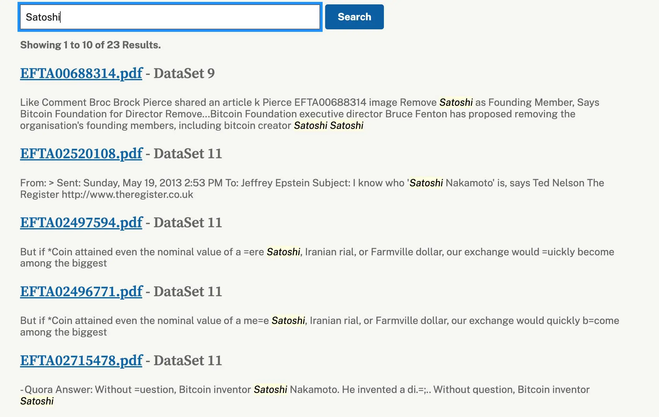 'Satoshi' is referenced 23 times in the Epstein files (Department of Justice)