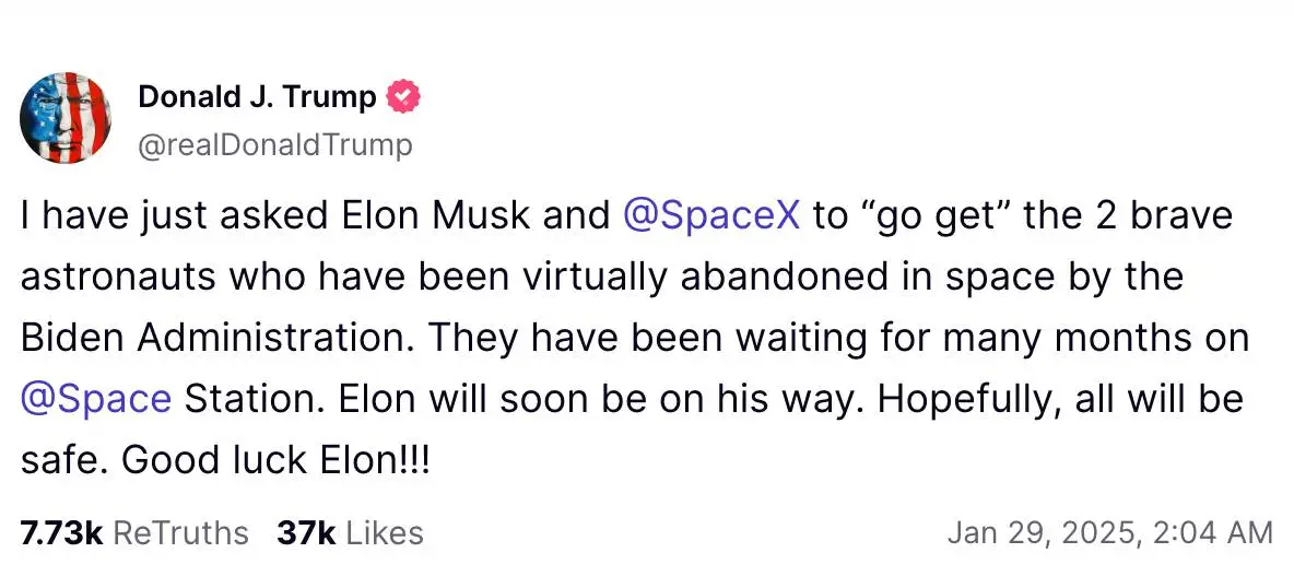Donald Trump has asked Elon Musk for help in bringing the astronauts home (Truth Social / Donald Trump)