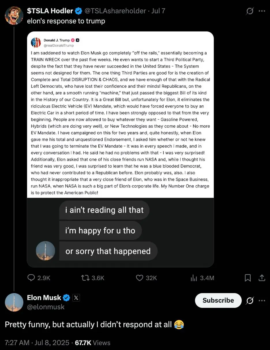 Musk has responded to the President's 'trainwreck' post (X / Elon Musk)