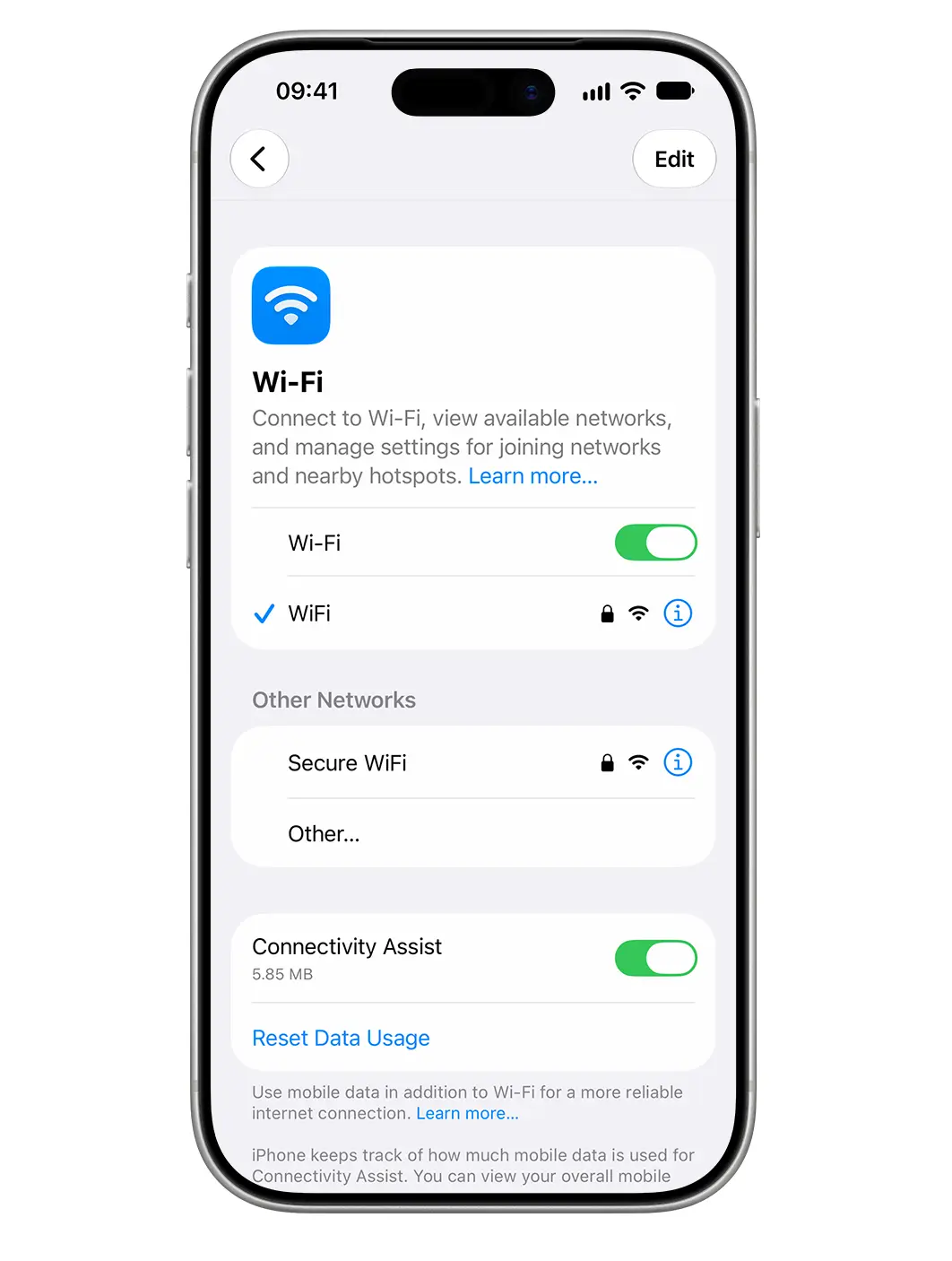 Connectivity assist can be turned off in the iPhone WiFi settings (Apple)
