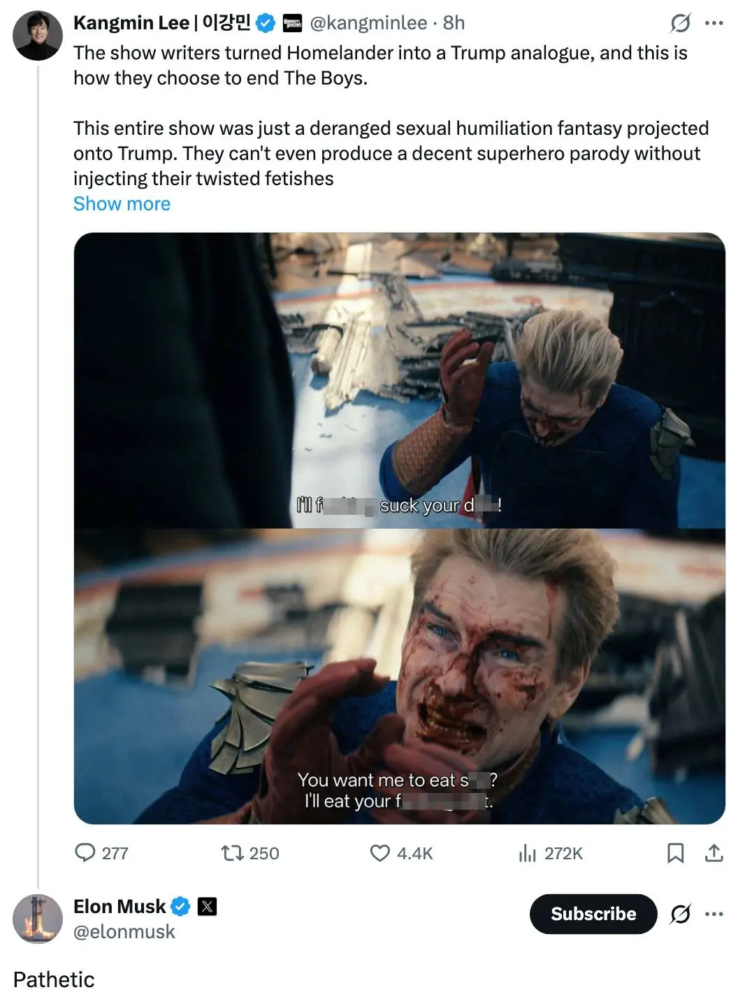 Musk wasn't a fan of The Boys' final episode (X)