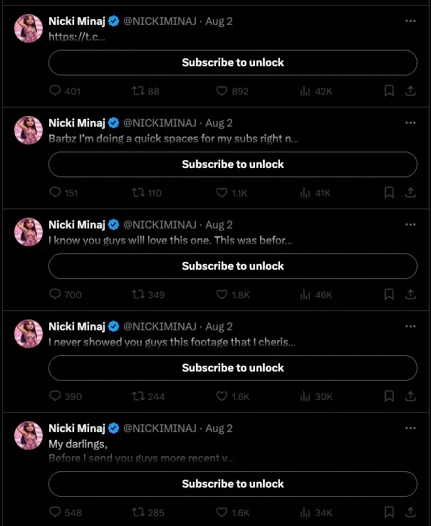 Most of Minaj's posts on X are now locked behind the paywall, forcing fans to fork up $10 per month to see what she's saying (X/NICKIMINAJ)