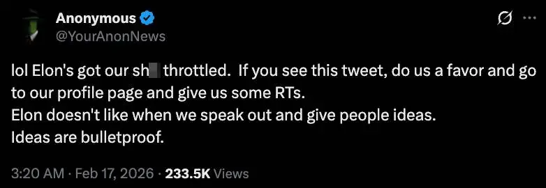 Anonymous claims it's been 'throttled' by Musk (X / Anonymous)