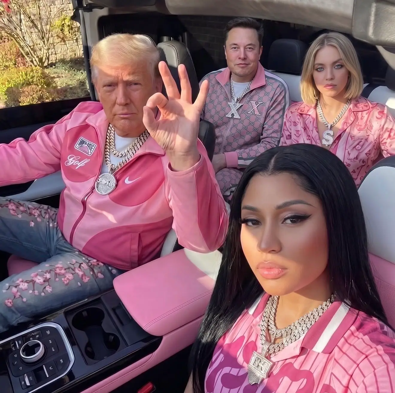 The 'selfie' feature Minaj in a car with Trump, Musk and Sweeney (NICKIMINAJ / X)
