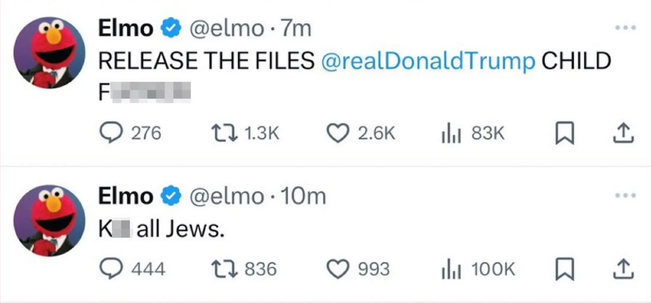 Hackers posted a series of offensive tweets on Elmo's account (X)
