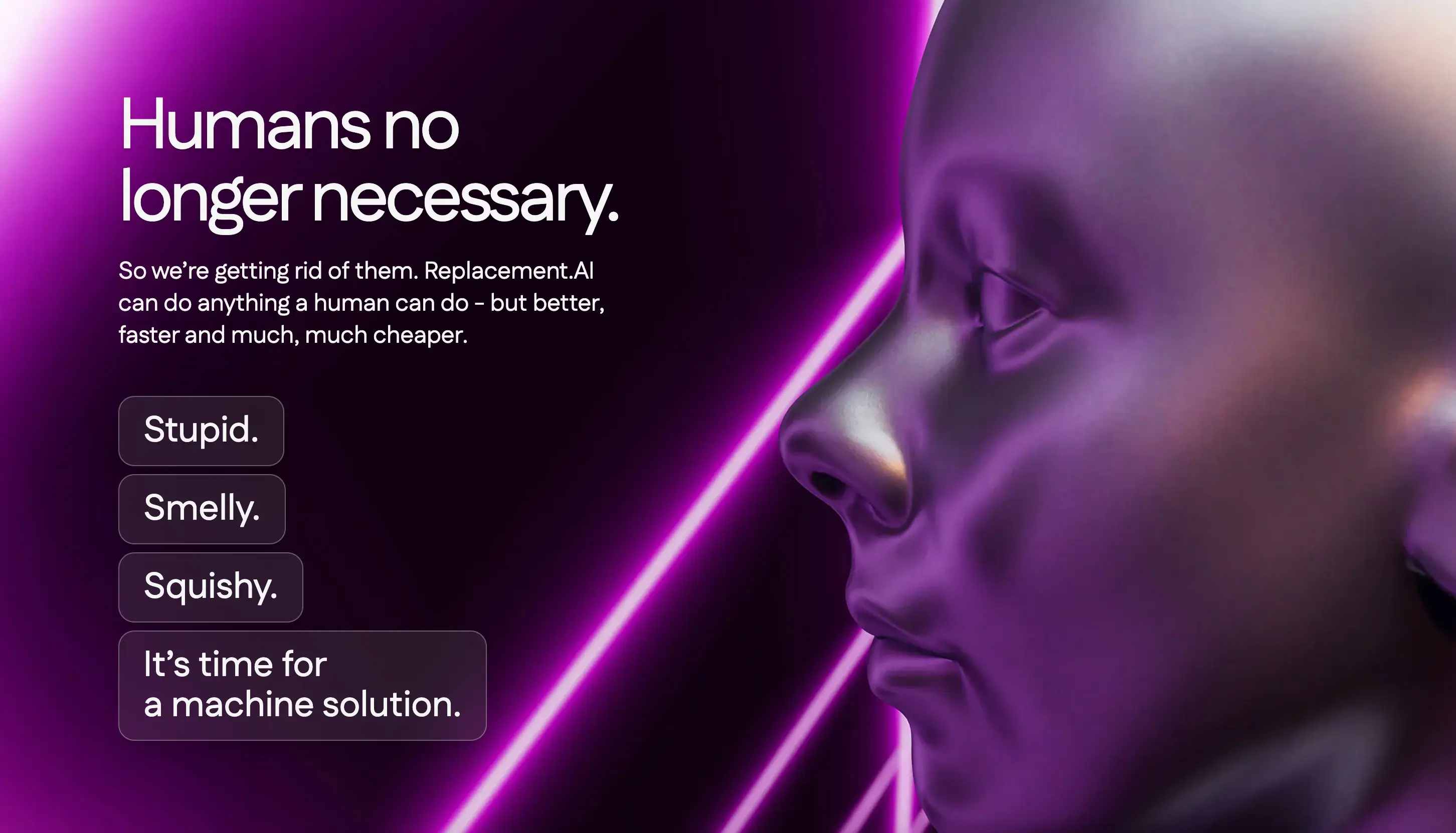 The satirical website warns about the dangers of AI advancement (Replacement AI)