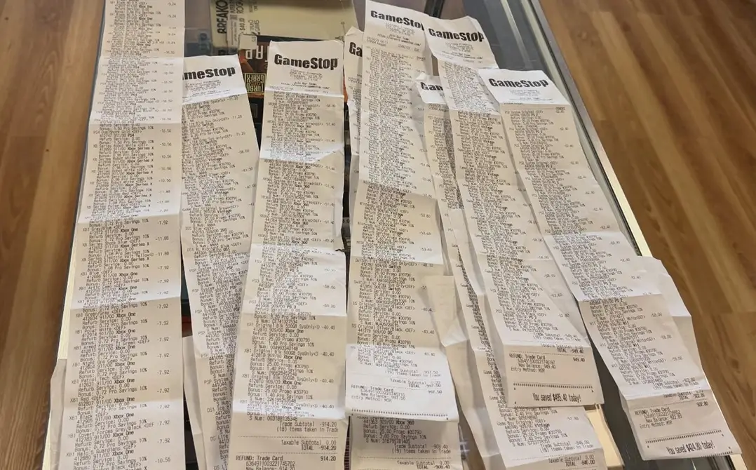 There are likely hundreds of broken consoles across at least eight lengthy receipts for this trade-in (X/GameStop)