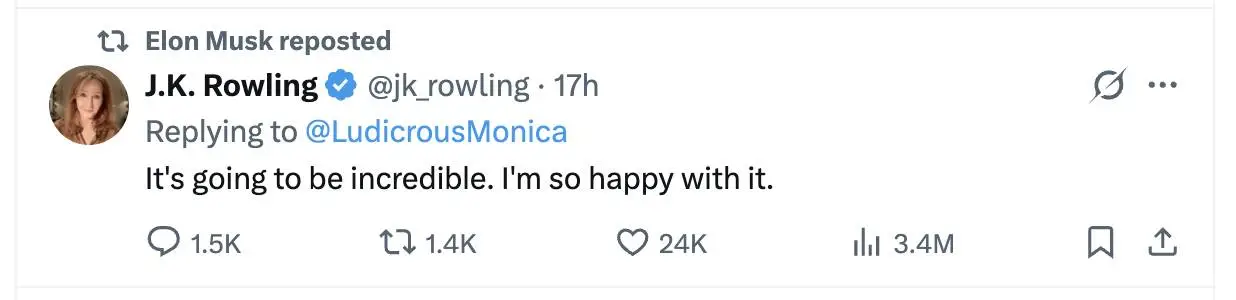 Musk has shared Rowling's praise for the upcoming reboot (X)