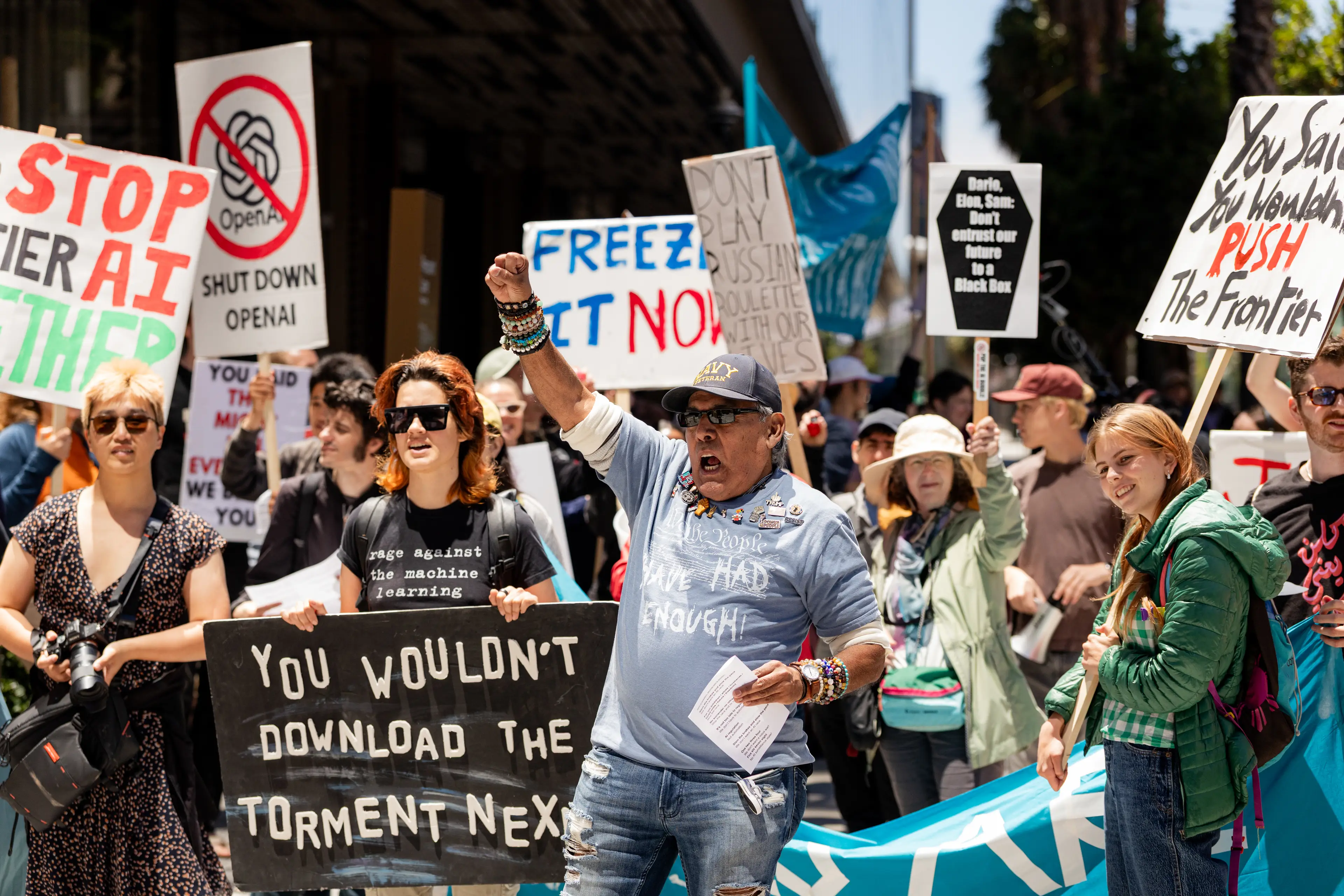 StopAI protests against the advancement of artificial intelligence (Jason Henry/Bloomberg via Getty Images)
