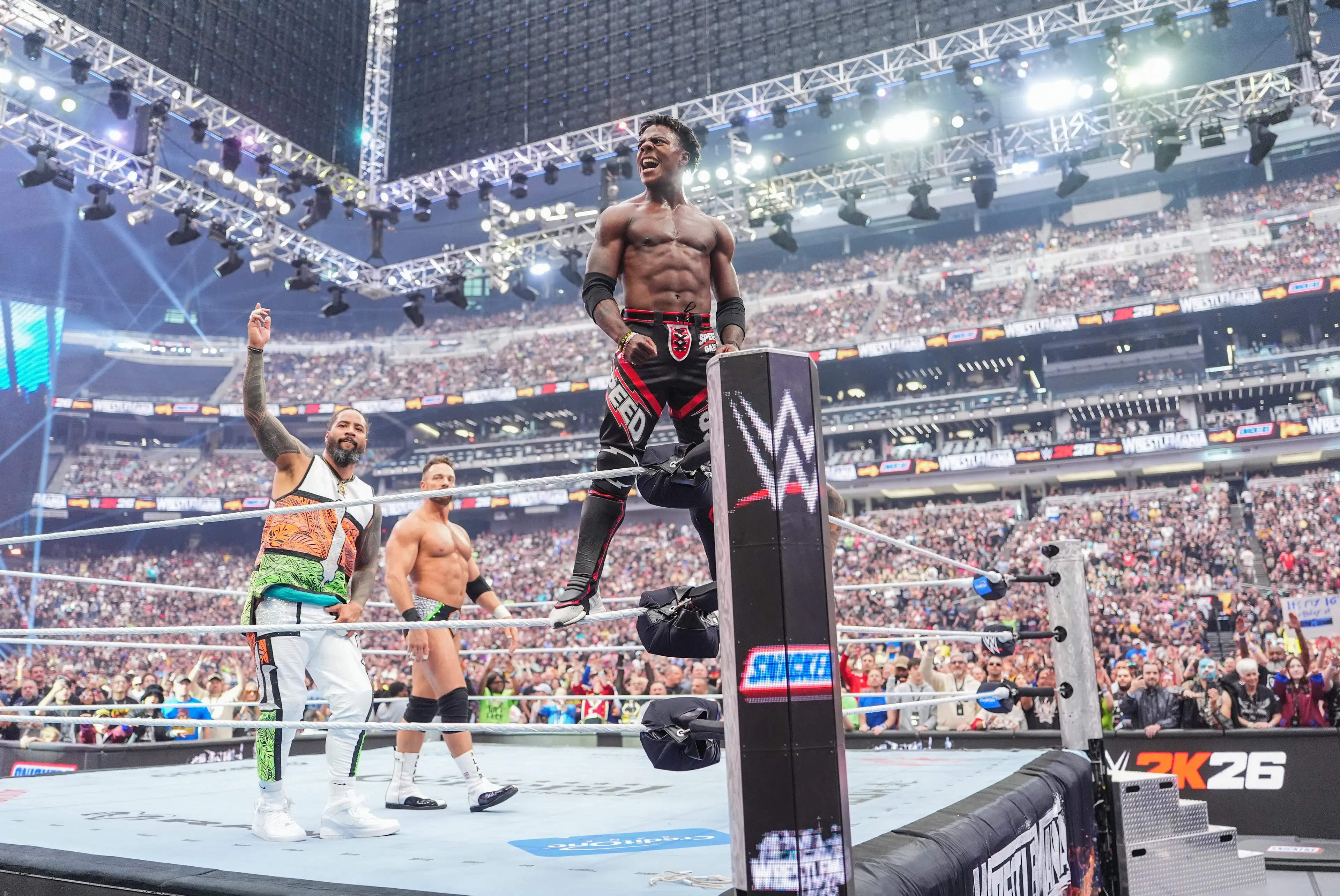Paul returned again for WrestleMania 42 in Las Vegas alongside fellow YouTuber iShowSpeed (Rich Freeda/WWE via Getty Images)
