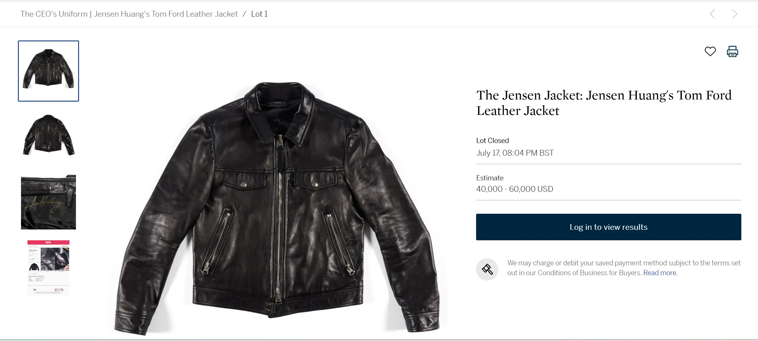 Sotheby’s estimated Huang’s signed Tom Ford jacket at up to $60,000 (Sothebys)