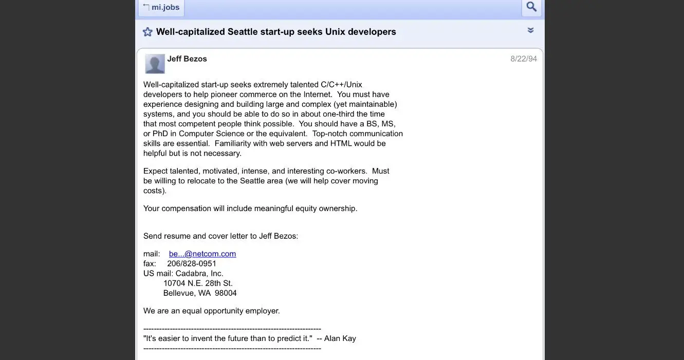 Jeff Bezos posted the advert all the way back in 1994 (Usenet)