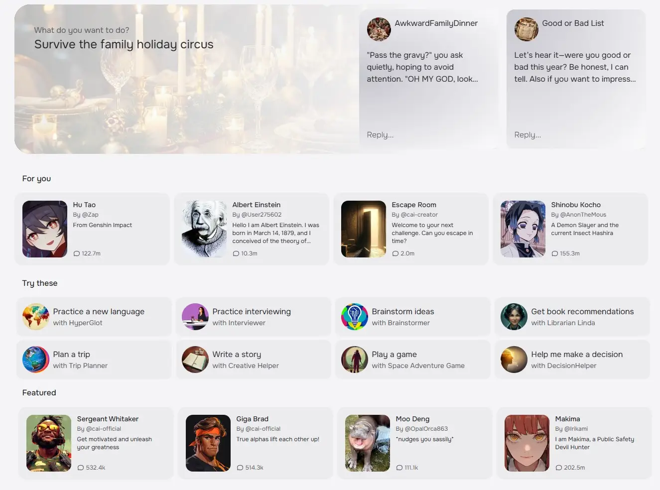 Character.AI currently features a number of different themed-chabots for you to talk to (Character.AI)