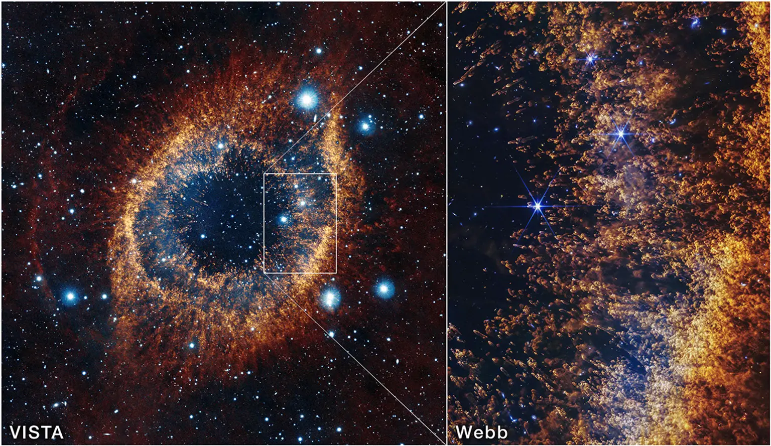 NASA has revealed staggering new images of the Helix Nebula, indicating that a similar fate awaits our solar system (ESO, VISTA, NASA, ESA, CSA, STScI, J. Emerson (ESO); ESO, VISTA, NASA, ESA, CSA, STScI, J. Emerson (ESO); Acknowledgment: CASU)