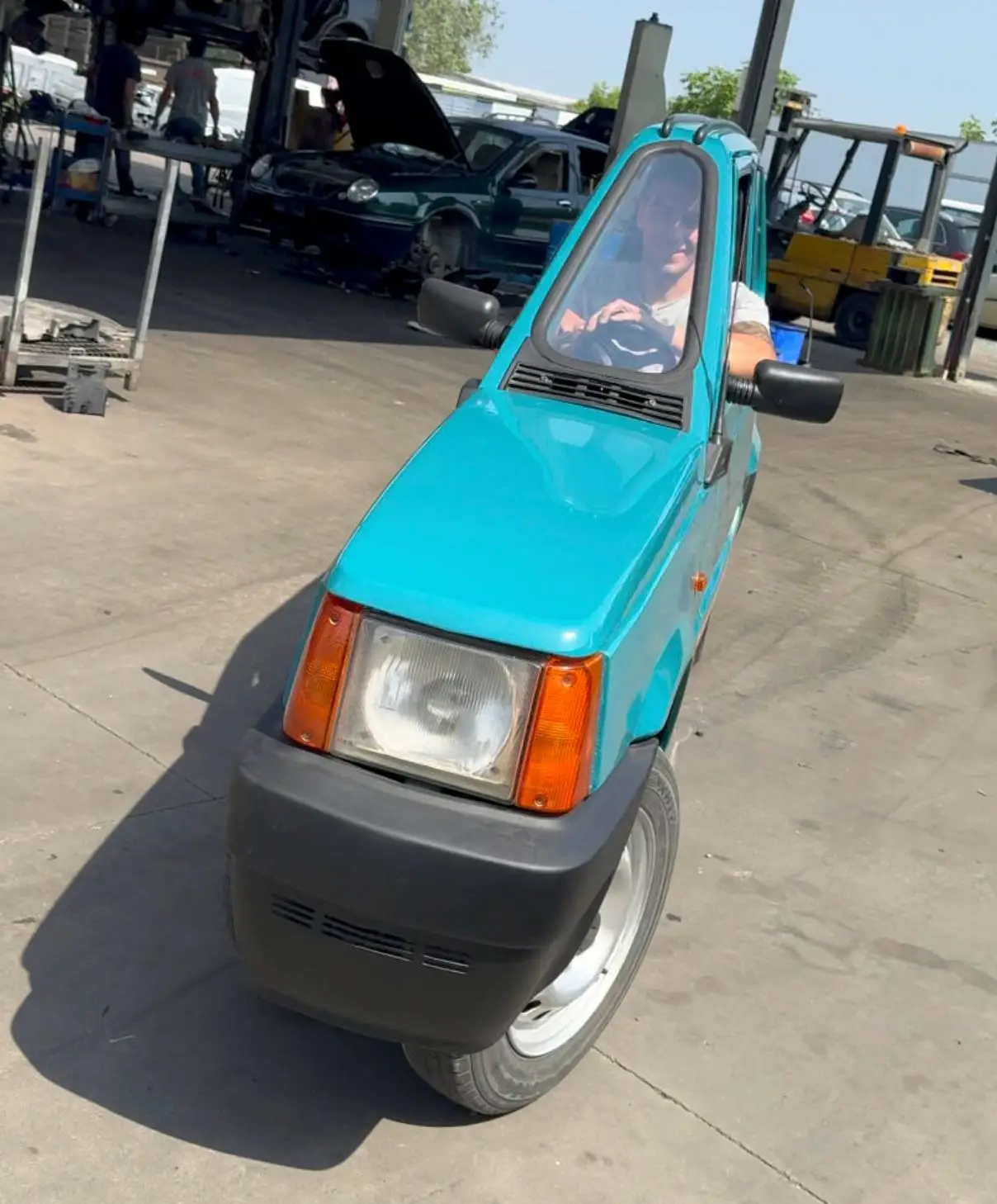 The reused 1993 Fiat Panda is a tight squeeze for most drivers (Designboom)