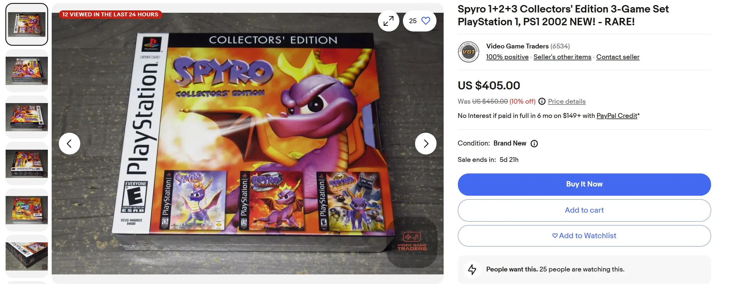 An eBay listing for Spyro 1+2+3 Collectors' Edition PlayStation 1 for $405.00 / eBay