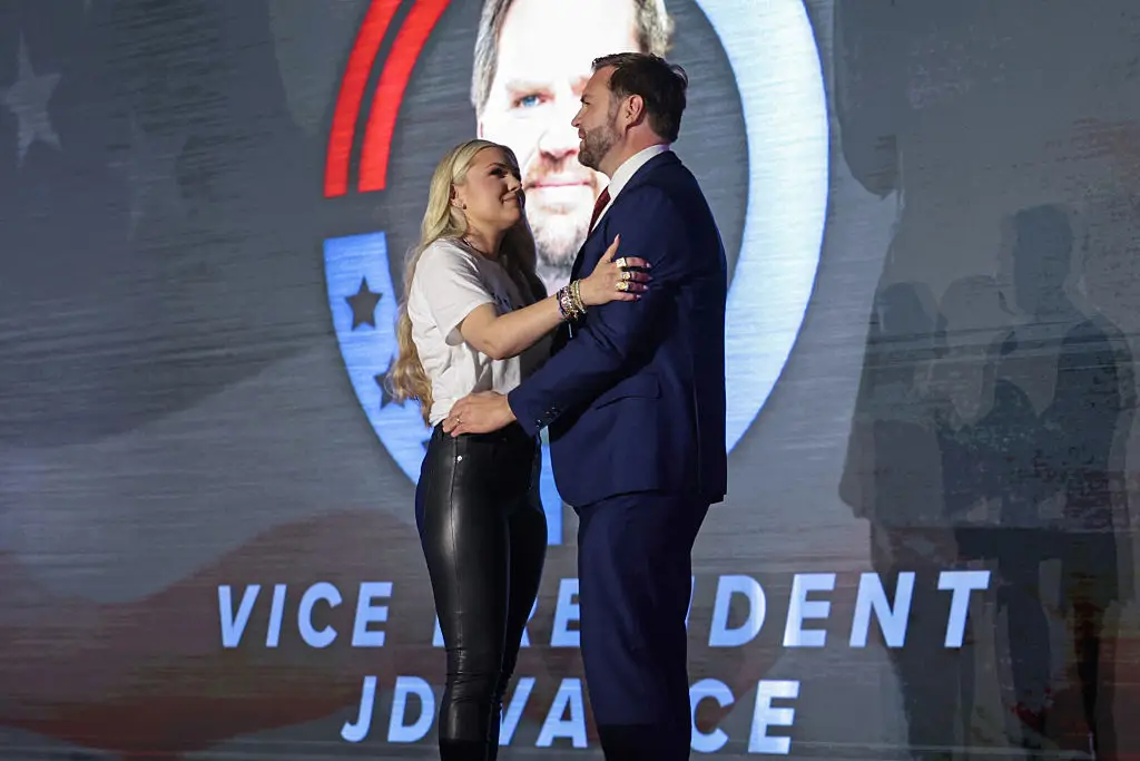 JD Vance was the guest of honor at a recent Turning Point USA event hosted by Erika Kirk (Jonathan Ernst/Pool/AFP via Getty Images)