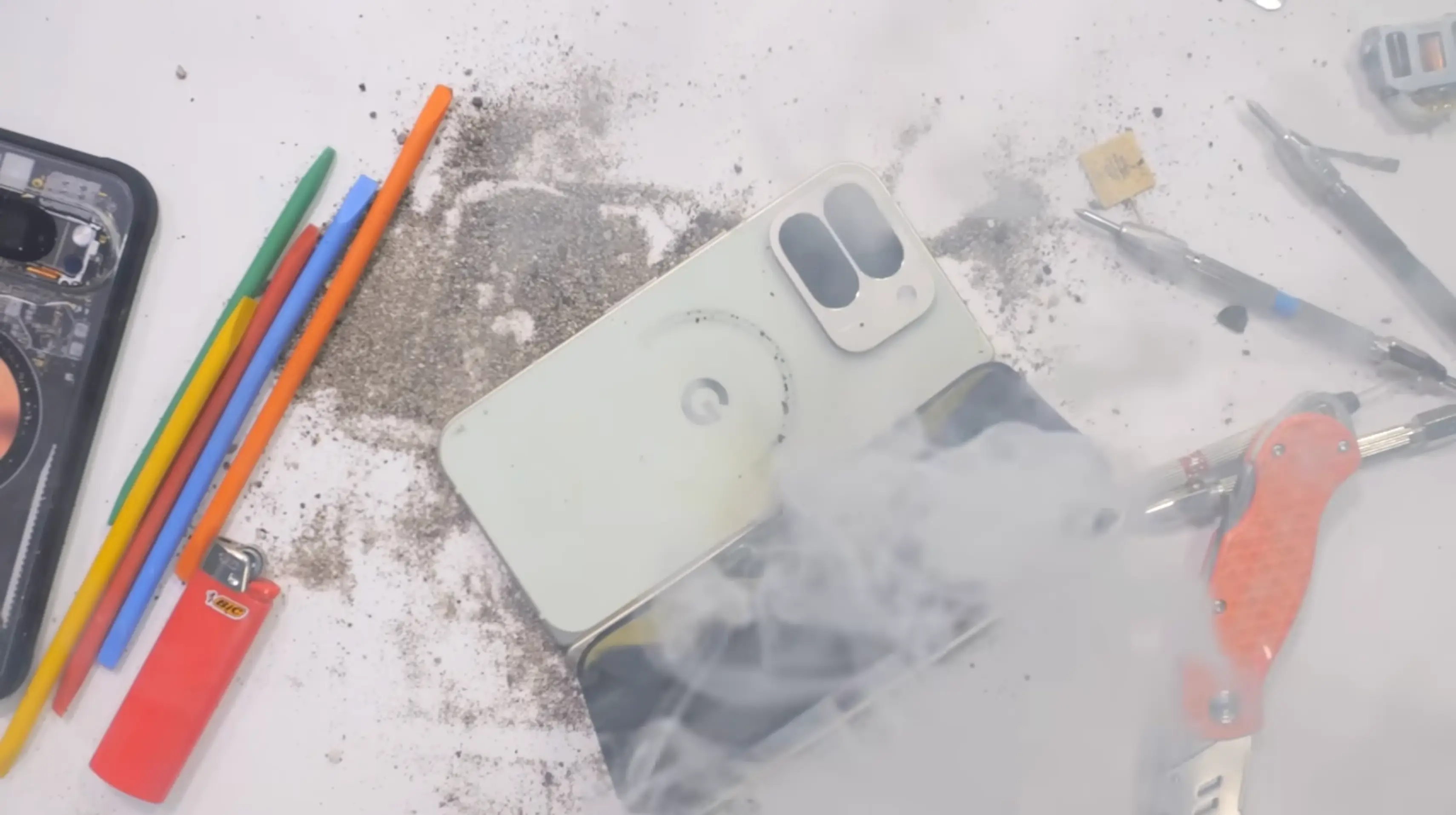 The phone exploded while the content creator tested its durability (YouTube/@JerryRigEverything)