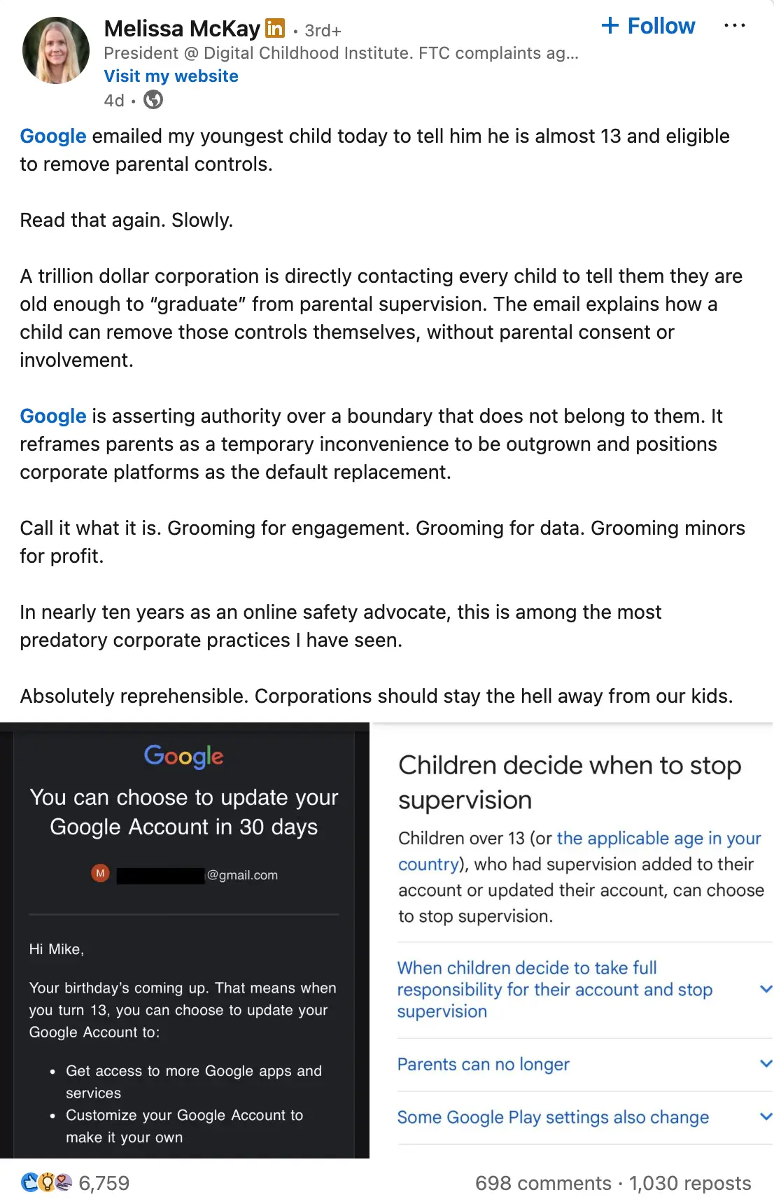 The expert has slammed Google for an email the company sent to her child (LinkedIn)