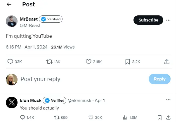 MrBeast has declared he's 'quitting YouTube', but is it an April Fools?