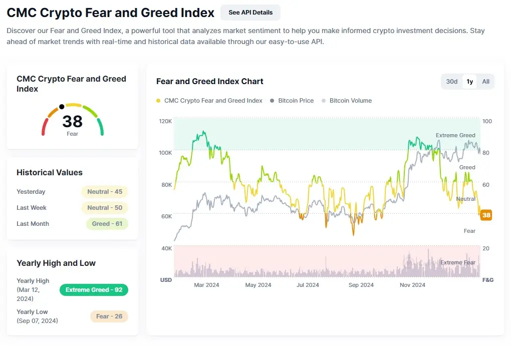 The Crypto Fear and Greed Index shows major instability in the market (CoinMarketCap)