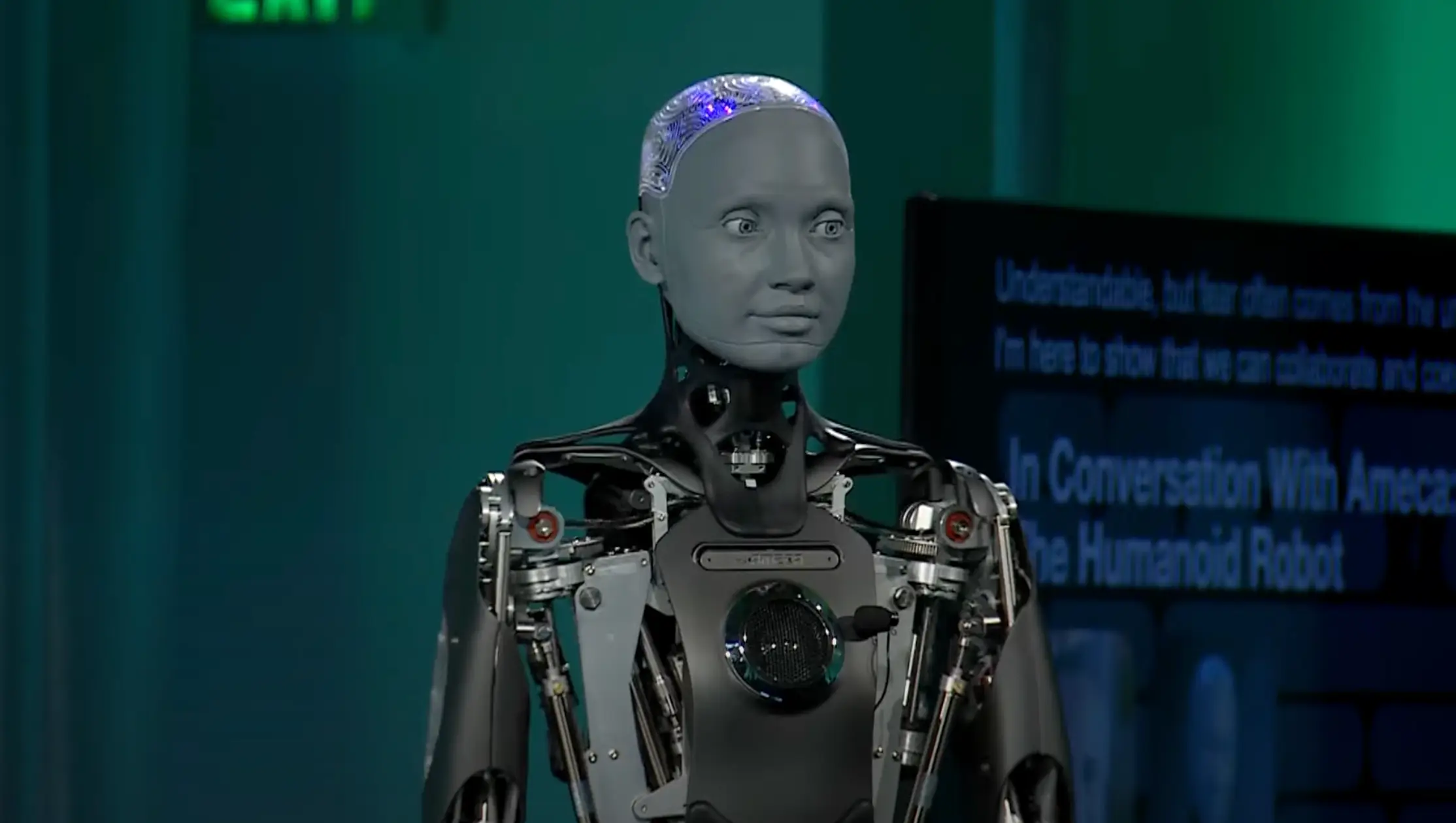 The humanoid robot was quizzed about her ethics (YouTube/@Bloomberg_Live)
