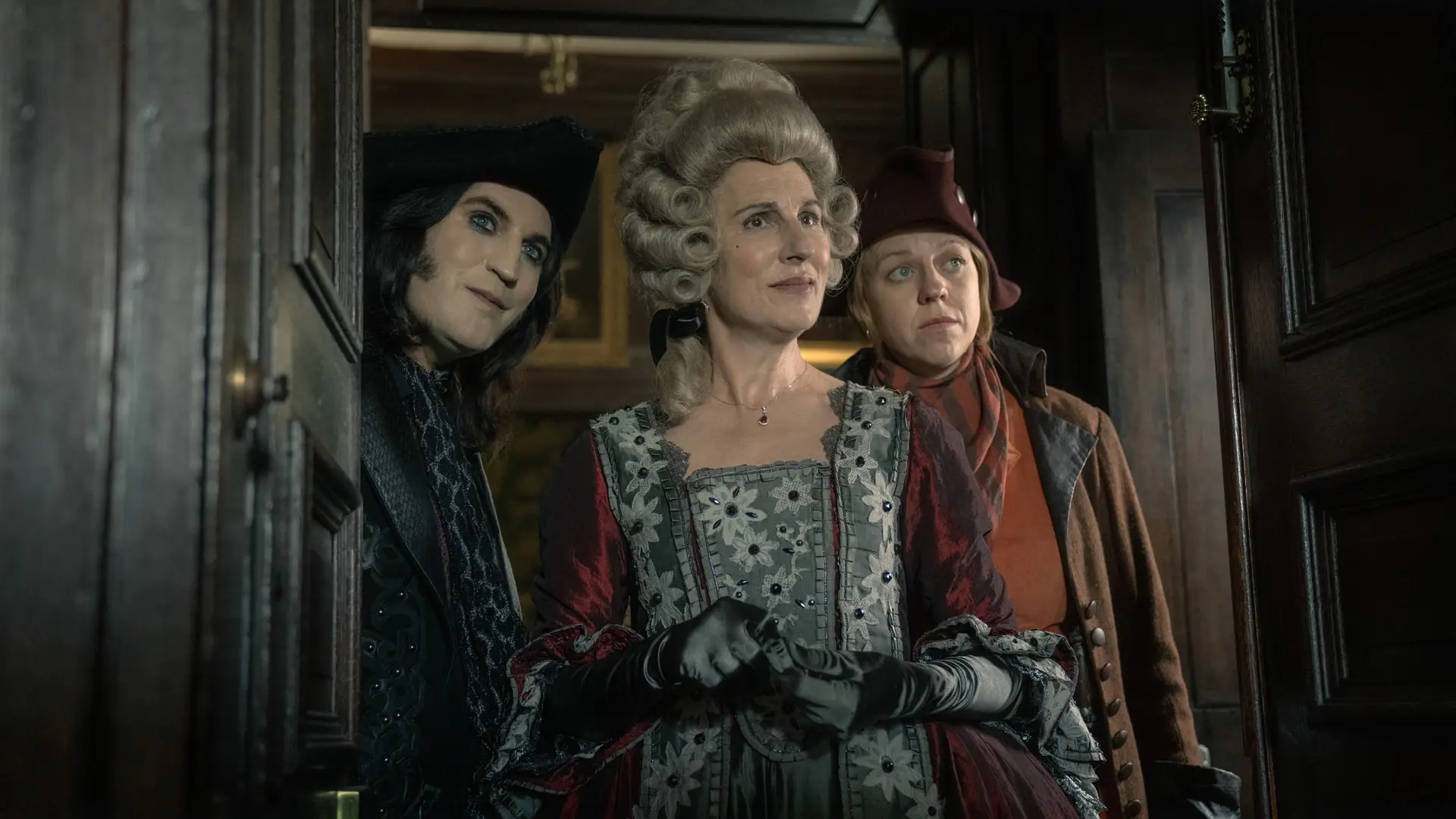 Noel Fielding, Tamsin Greig, and Ellie White in Dick Turpin (Apple TV+ Press)