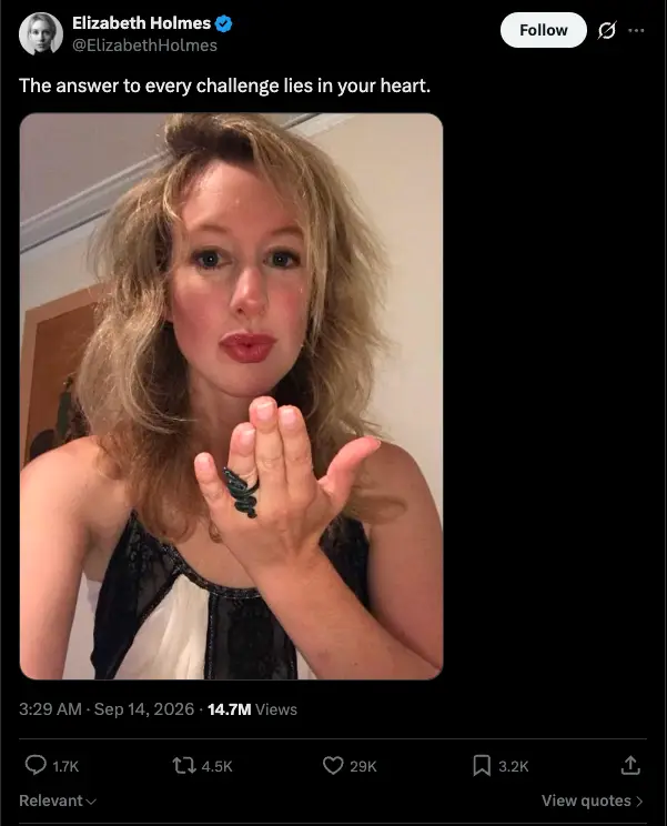 Elizabeth Holmes' recent selfie has led to speculation and confusion from social media (X/ElizabethHolmes)