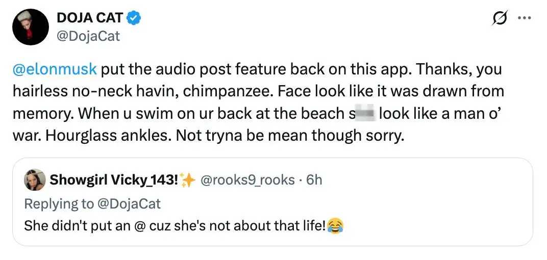 Doja Cat has continued to ridicule the world's richest man (Doja Cat / X)