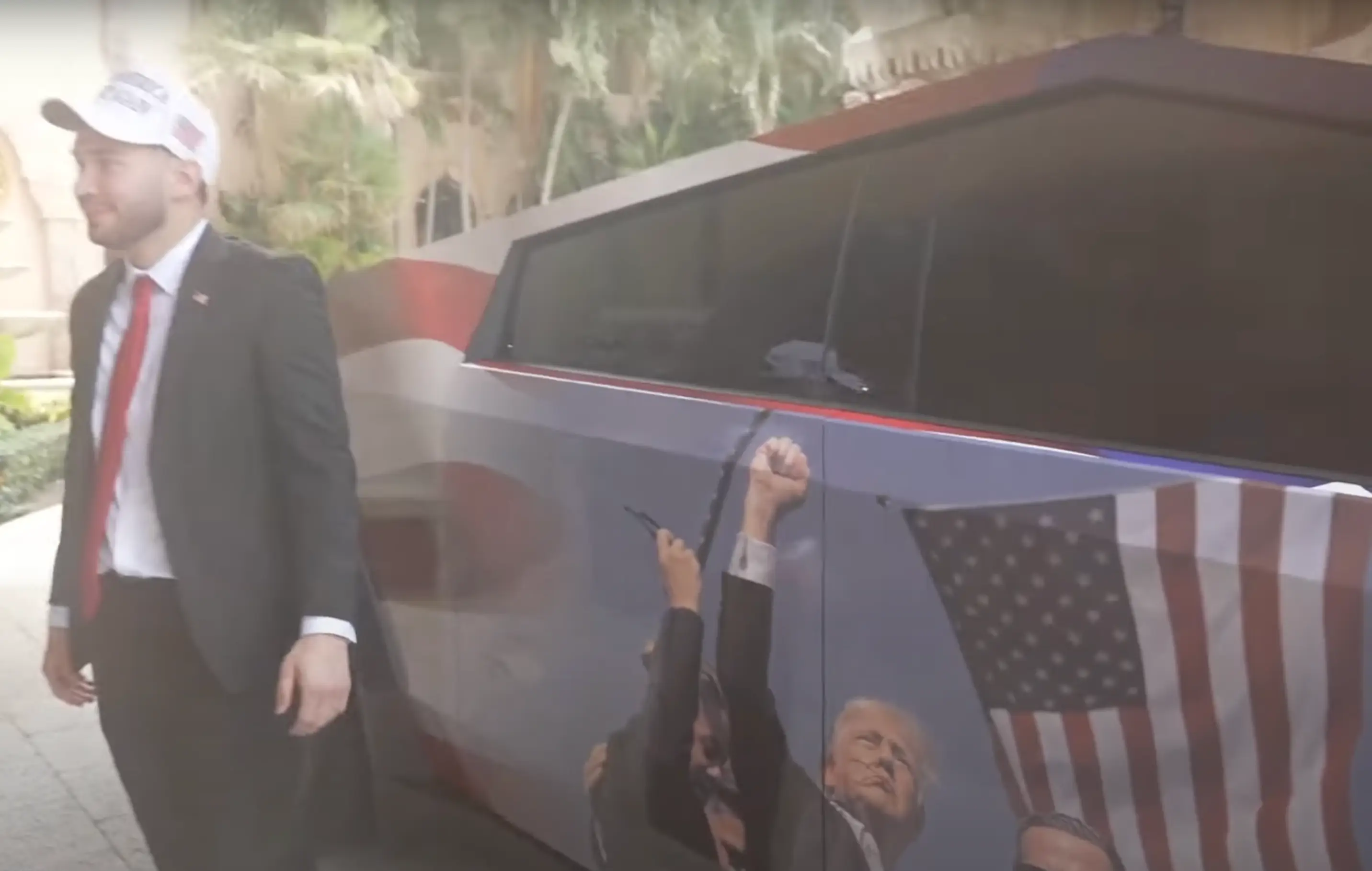 The Tesla Cybertruck was custom wrapped for Donald Trump (YouTube/@AdinRoss)