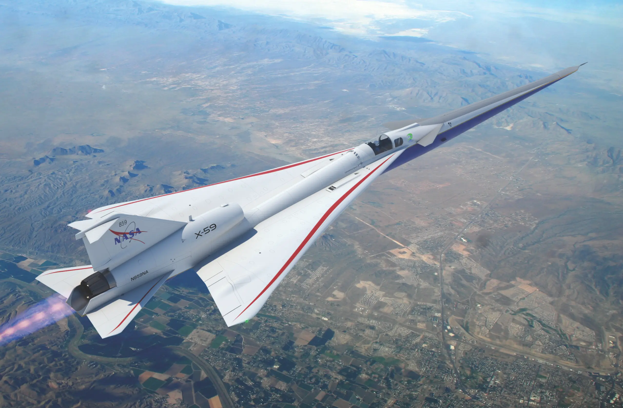 An artist's recreation of the X-59 in flight.