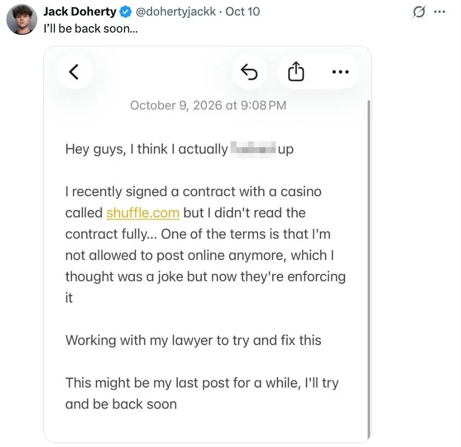 Doherty claims he can't post for the next six months (X / Jack Doherty)