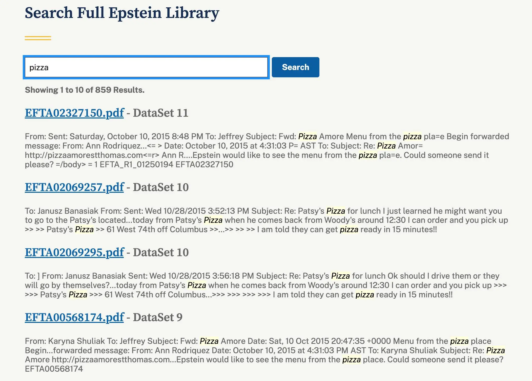 Pizza is mentioned 859 times in the Epstein files (DoJ)
