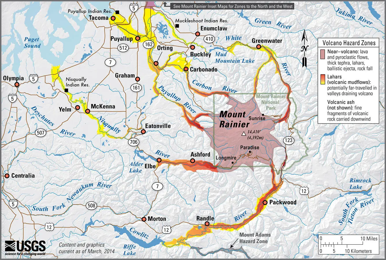 A map from the United States Geological Survey reveals which areas would be impacted by a lahar from Mount Rainier (USGS)
