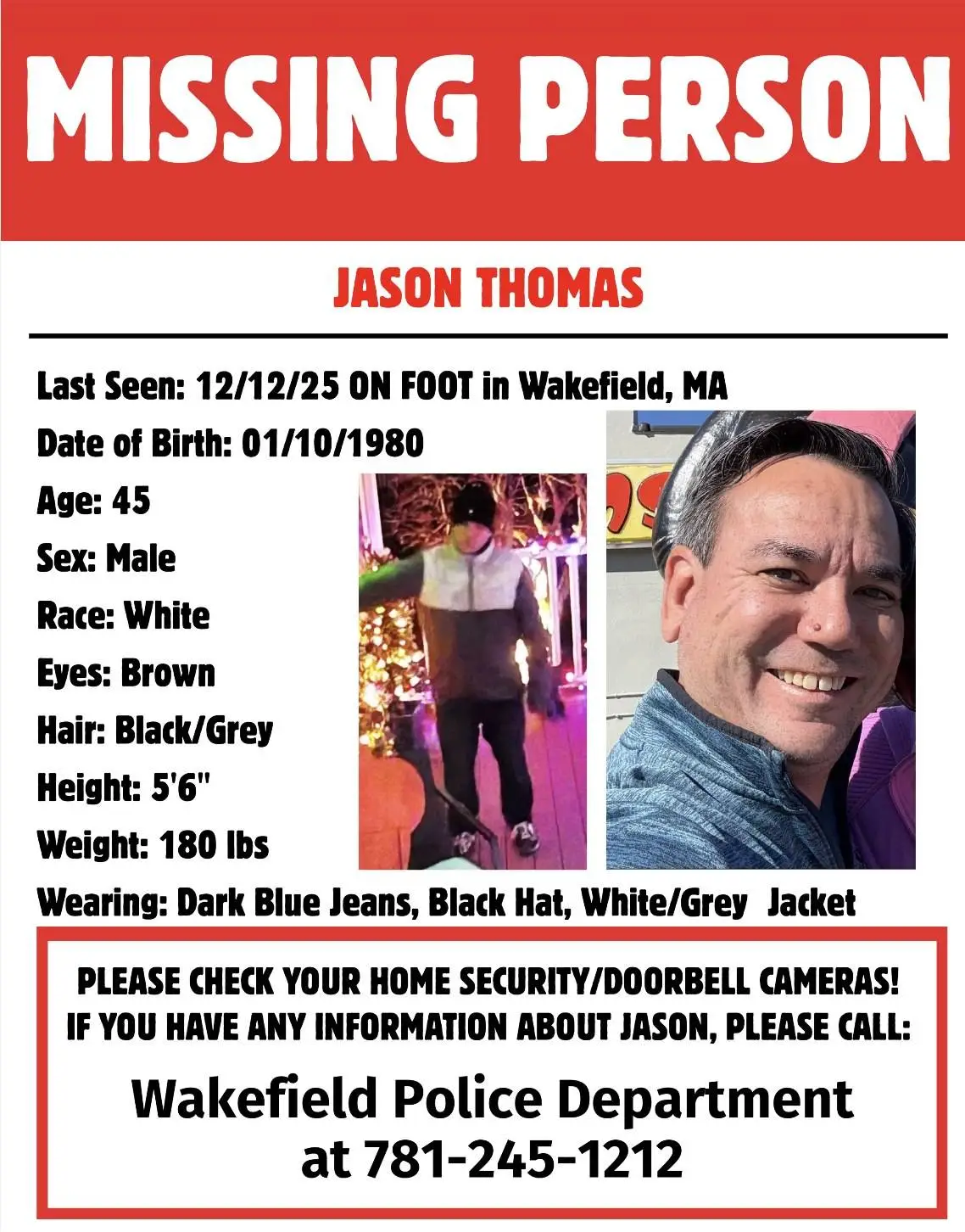 A body was found in March 2026 while searching for Thomas (Wakefield Police Department)