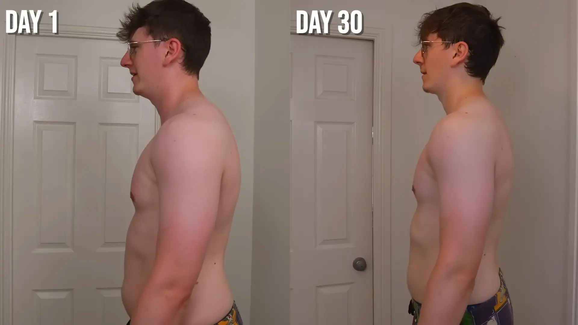 Jack's body is noticeably leaner after the 30-day challenge despite not actually losing weight (YouTube/JackSucksAtLife)