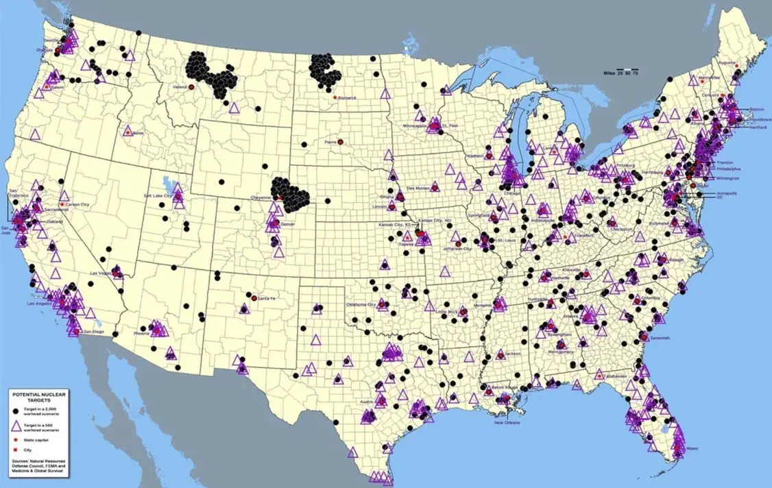 The map shows that America's missile silos would be among the biggest targets in the event of a nuclear attack (CBS News)