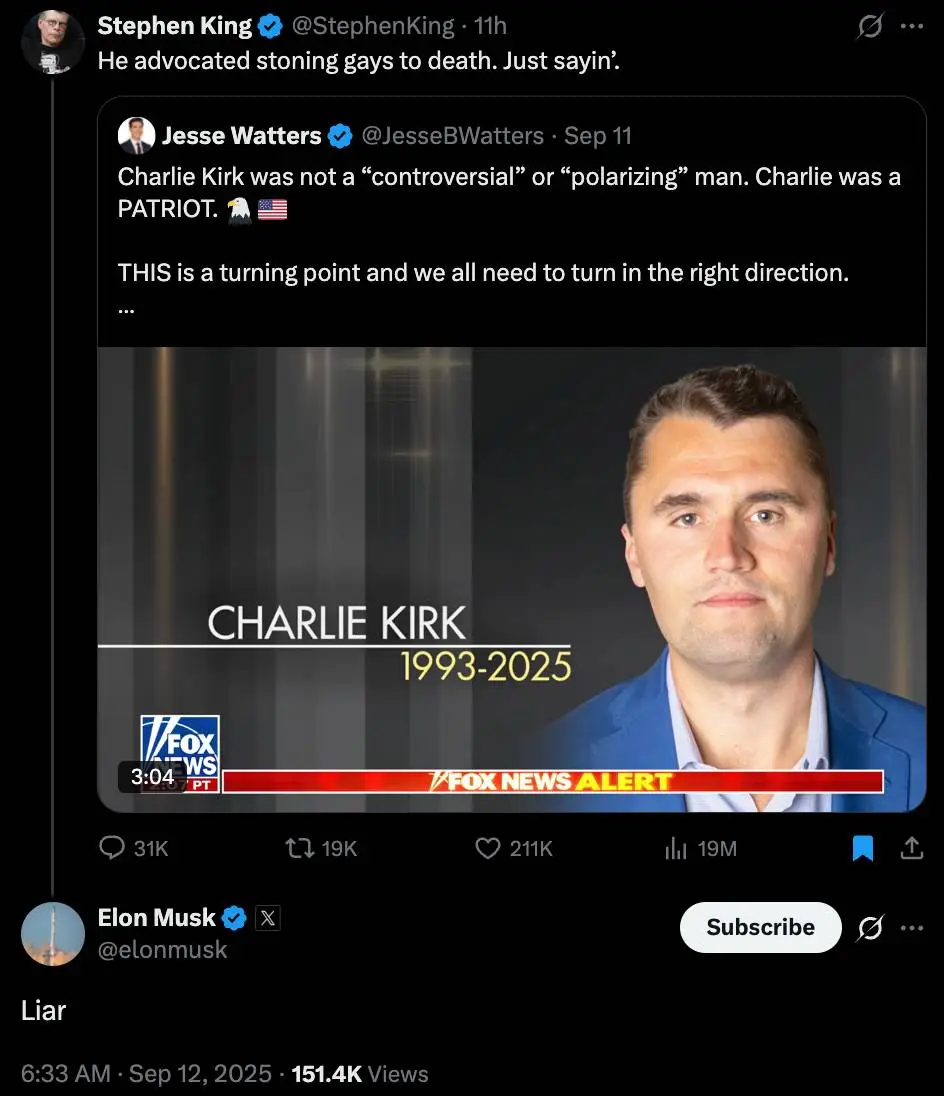 There's no love lost between King and Musk (X)