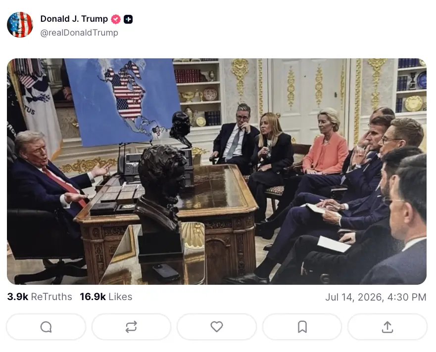 Trump's latest Truth Social post shows a map with Canada, Greenland, and Venezuela under U.S. control (Truth Social/realDonaldTrump)