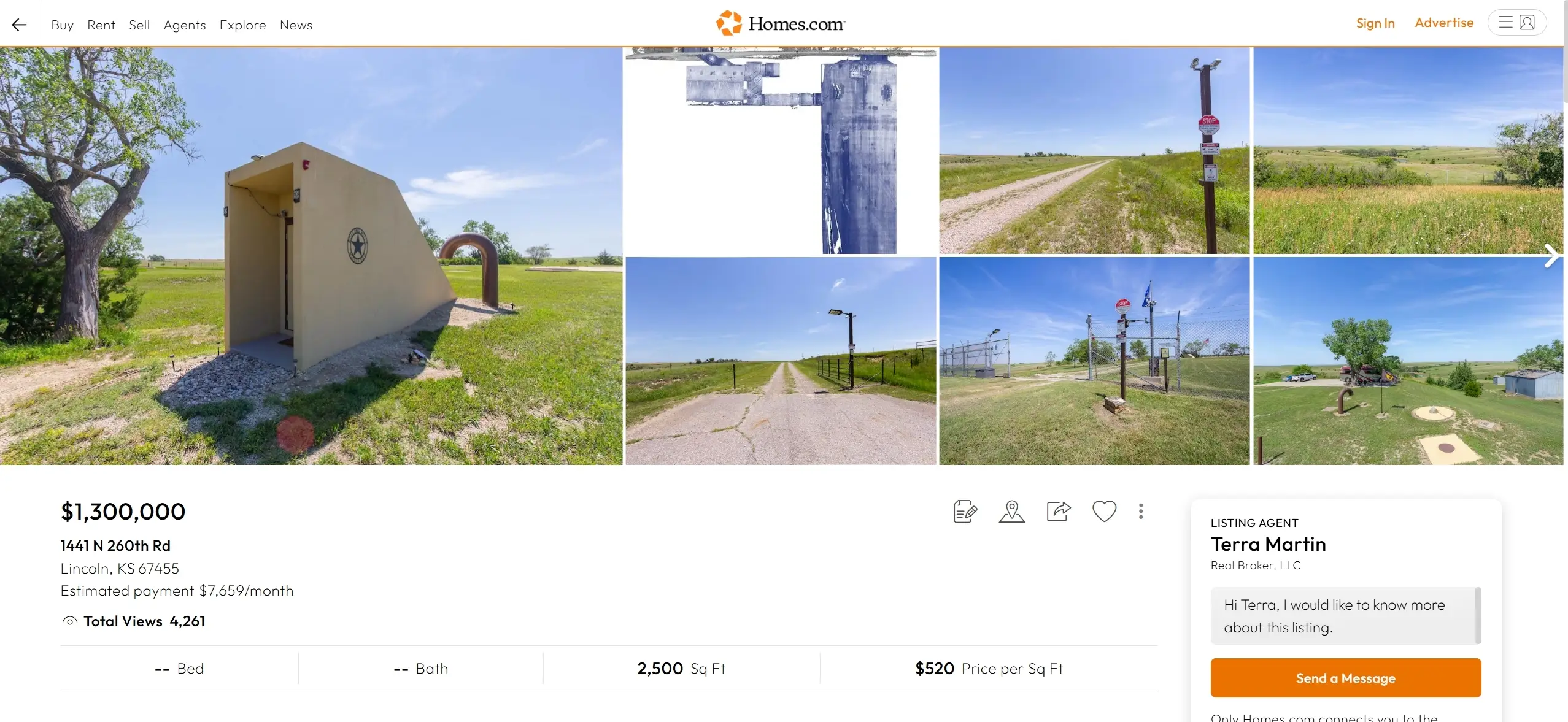 The listing page for the $1.3 million Kansas missile silo (Homes.com)