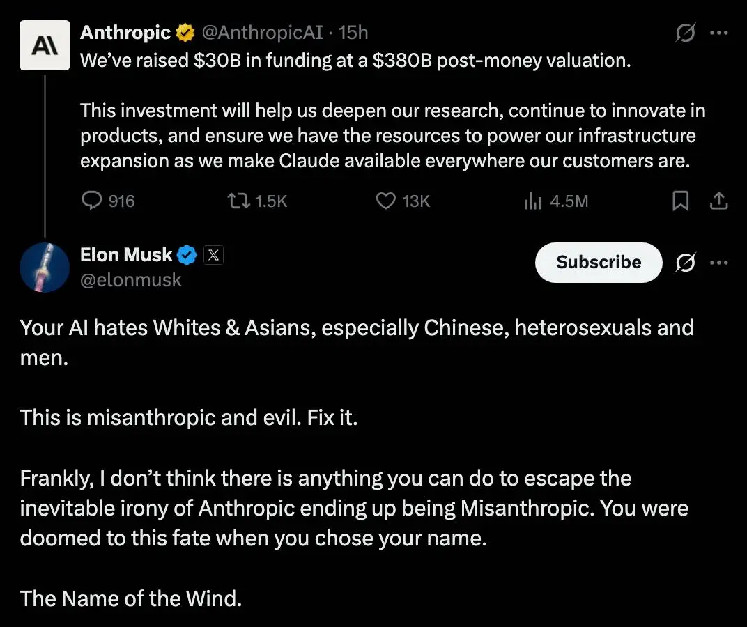 This isn't the first time Musk has taken issue with Anthropic (X)