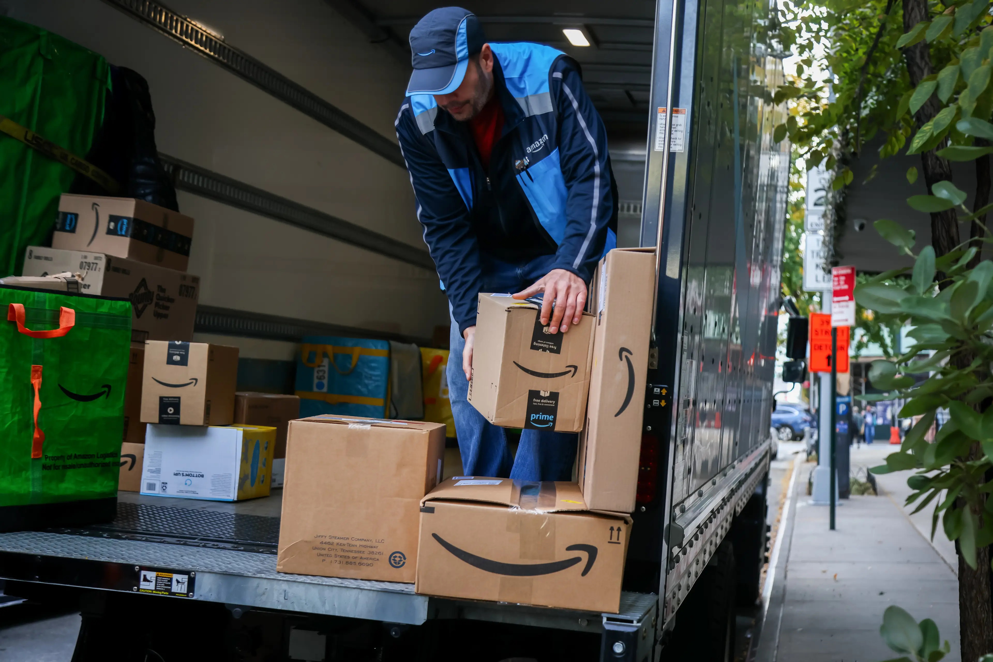 The Amazon delivery van had to be rescued by the coastguard after it was driven into the sea (Michael Nagle/Bloomberg via Getty Images)