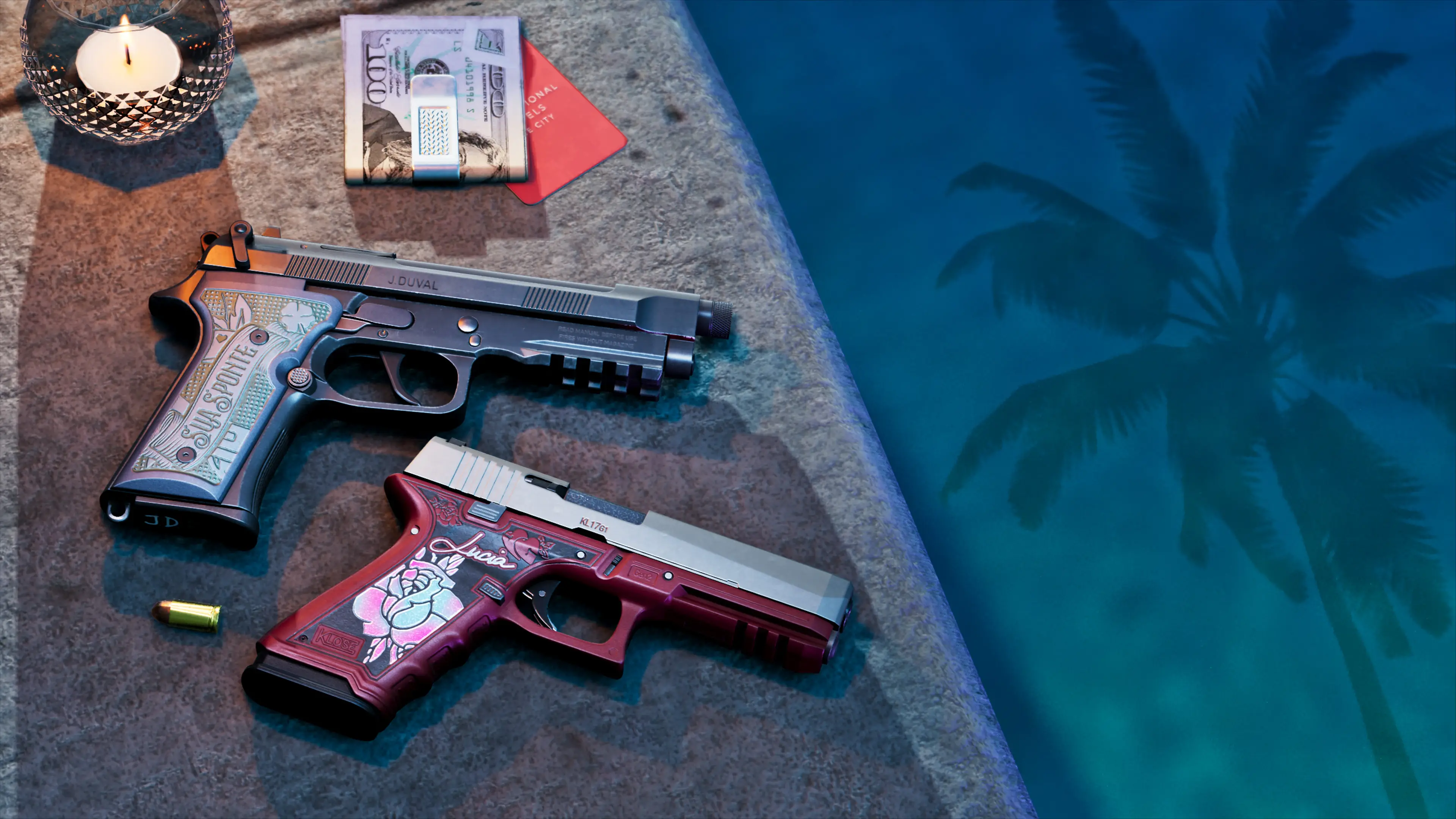Exclusive pistol cosmetics appear to suggest that Jason and Lucia will have their own weapons (Rockstar Games)