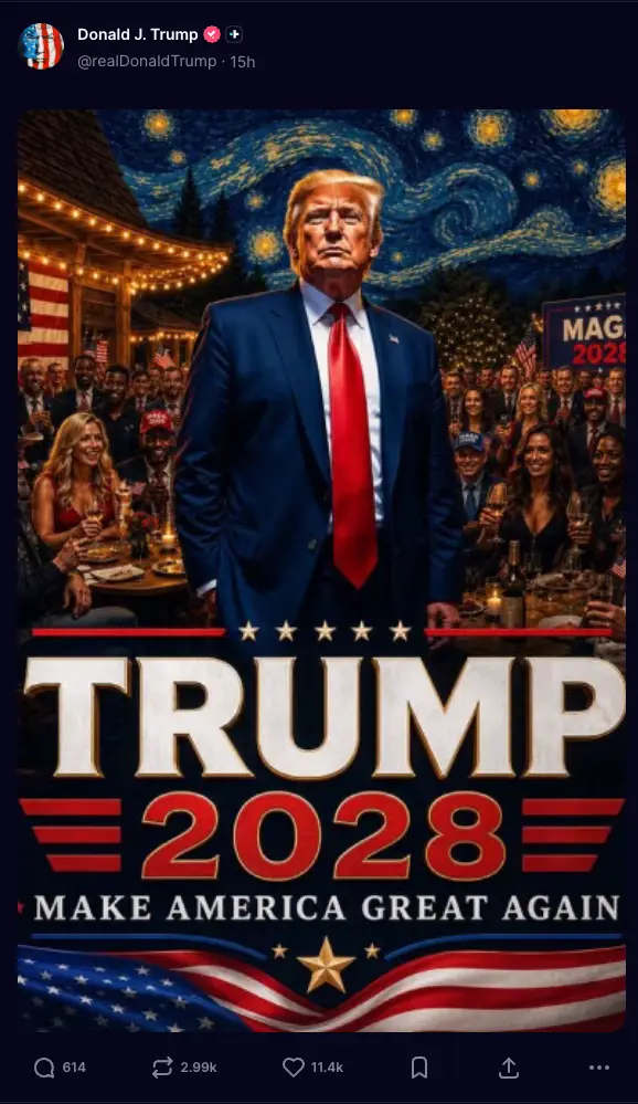 The president shared a 'Trump 2028' poster on Truth Social, sparking fears that he could be preparing to run again somehow (Truth Social/realDonaldTrump)