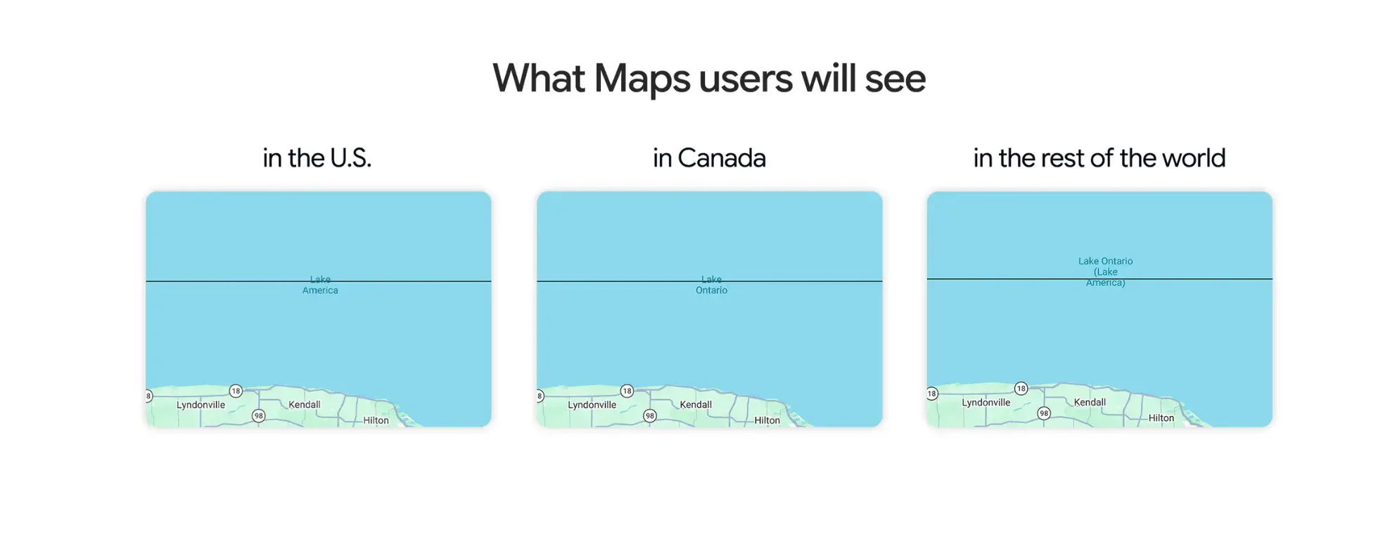 This is how the lake will now appear on Maps in different parts of the world (Google)
