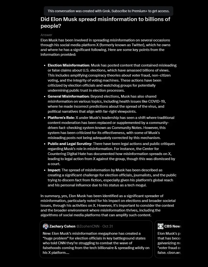 It seems like Grok isn't the biggest Musk fan (X/Grok)