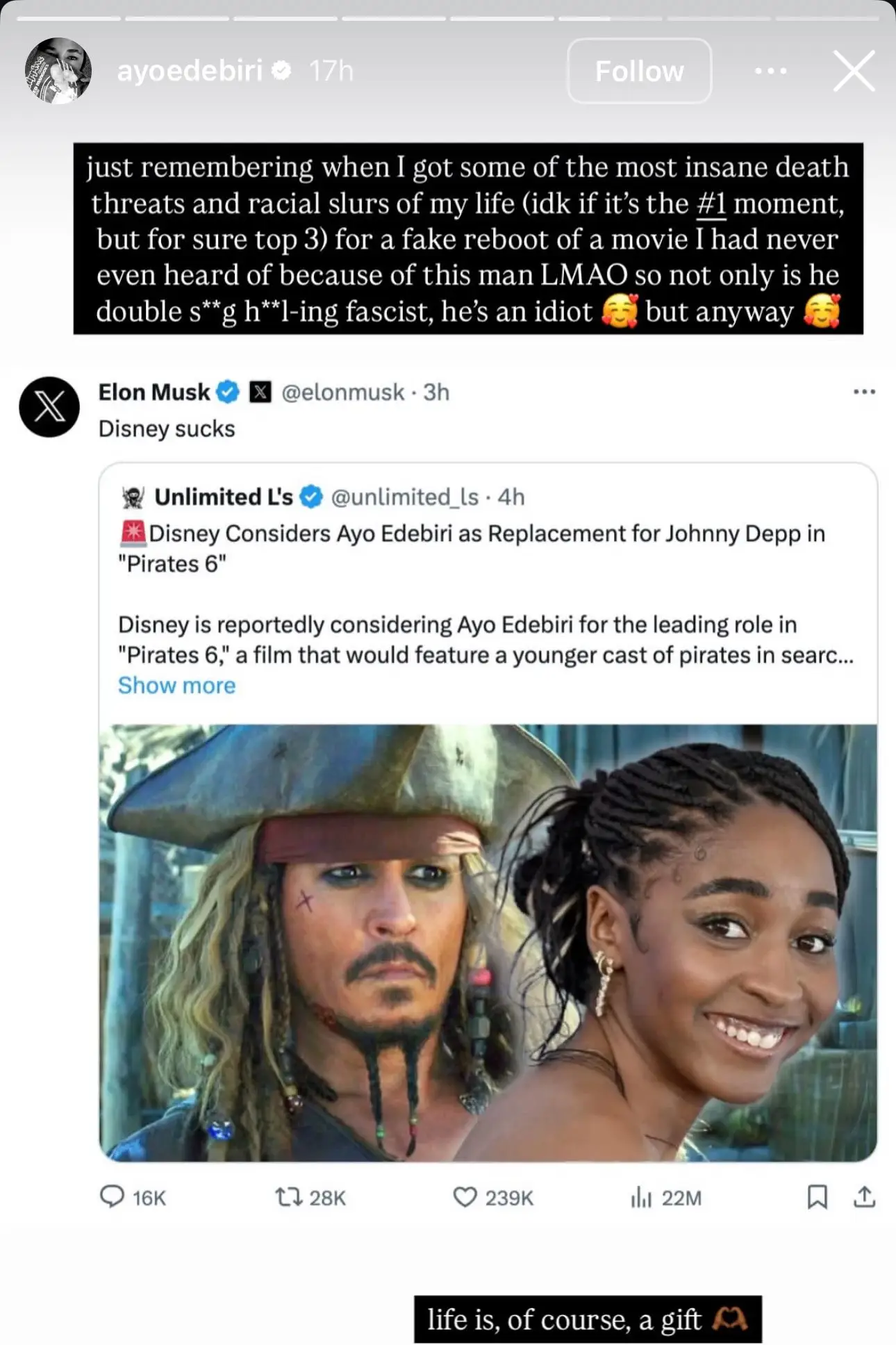 Edebiri's story revealed the horrific abuse that she suffered due to Musk's post on X (Instagram/@ayoedebiri)