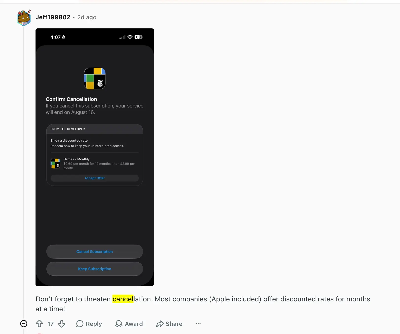 Some subscription services present retention offers when users begin cancelling (Jeff199802/Reddit)