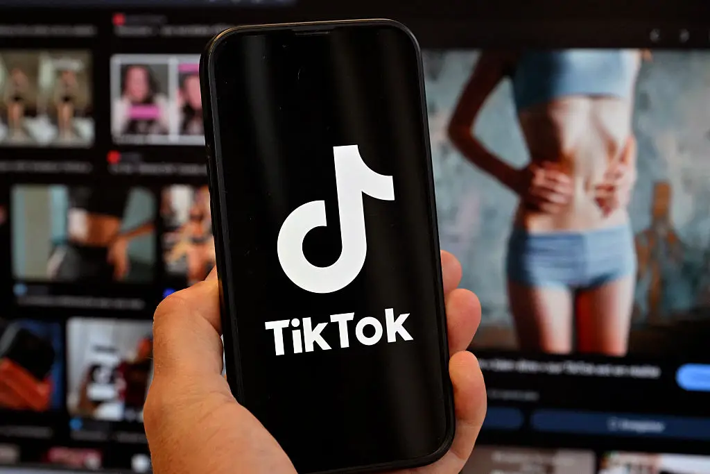 The TikTok logo infront of '#skinnytok'-style photos that were worrying experts (Getty Images)
